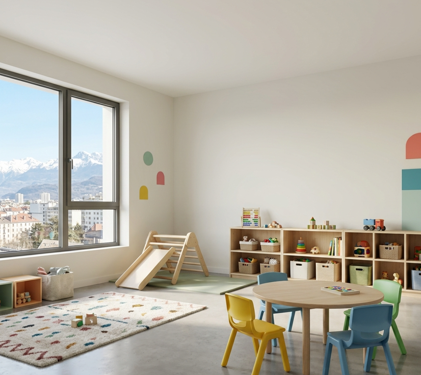 Parent et enfant dans un univers chaleureux de recherche de place en crèche à Strasbourg.